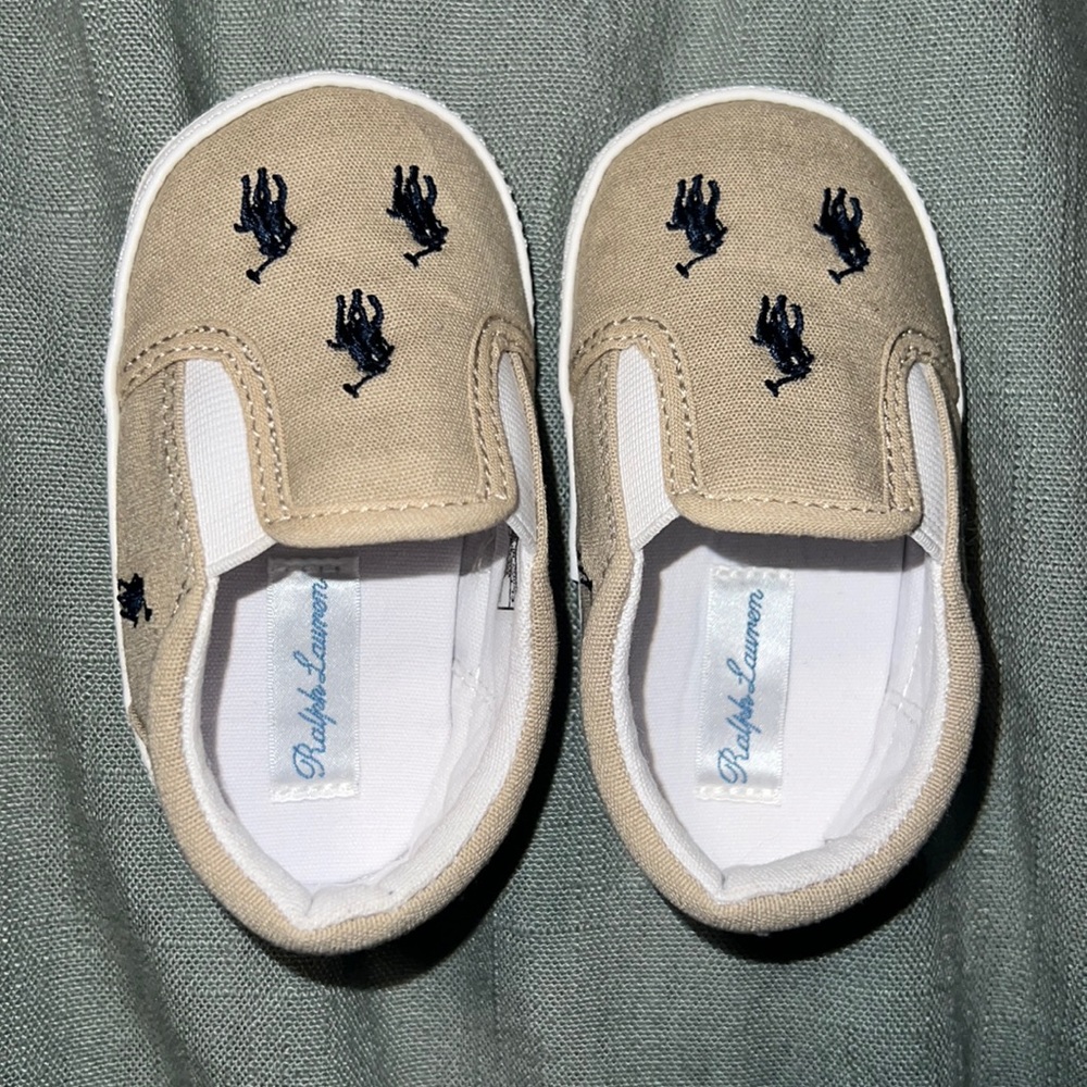 Ralph Lauren Beige Canvas Slip-On Baby Shoes with Navy Polo Logos